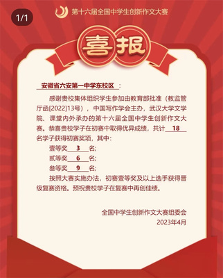 喜 报--热烈祝贺我校学子在第十六届全国中学生创新作文大赛初赛中斩获佳绩!